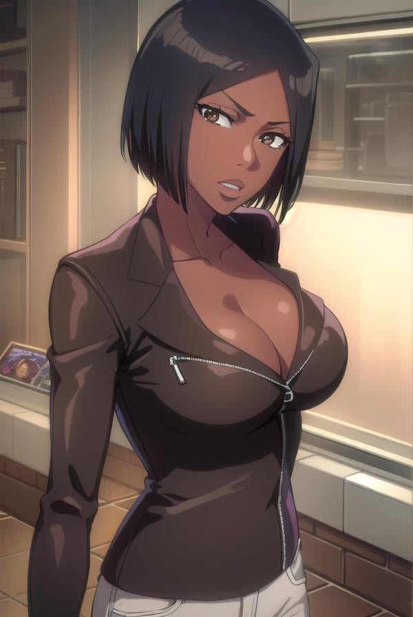 jackietristan, <lora:jackietristan-lora-nochekaiser:1>,jackie tristan, short hair, black hair, dark skin, dark-skinned female, (brown eyes:1.5),BREAK cleavage, boots, pants, grey pants, jacket, long sleeves,BREAK looking at viewer, full body,BREAK indoors,BREAK <lyco:GoodHands-beta2:1>, (masterpiece:1.2), best quality, high resolution, unity 8k wallpaper, (illustration:0.8), (beautiful detailed eyes:1.6), extremely detailed face, perfect lighting, extremely detailed CG, (perfect hands, perfect anatomy),