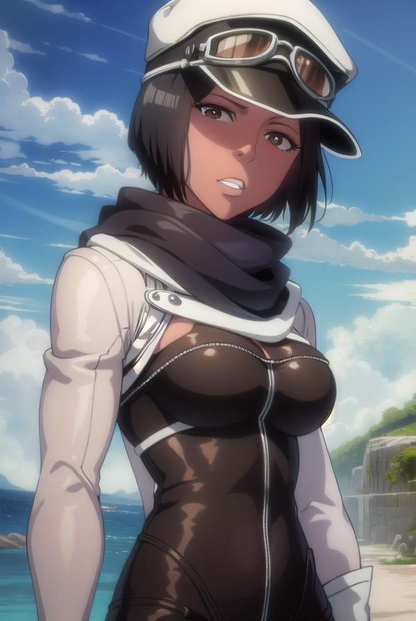 jackietristan, <lora:jackietristan-lora-nochekaiser:1>,jackie tristan, short hair, black hair, dark skin, dark-skinned female, (brown eyes:1.5),BREAK thighhighs, gloves, boots, goggles, goggles on head, hat, scarf, white scarf,BREAK looking at viewer, full body,BREAK outdoors,BREAK <lyco:GoodHands-beta2:1>, (masterpiece:1.2), best quality, high resolution, unity 8k wallpaper, (illustration:0.8), (beautiful detailed eyes:1.6), extremely detailed face, perfect lighting, extremely detailed CG, (perfect hands, perfect anatomy),