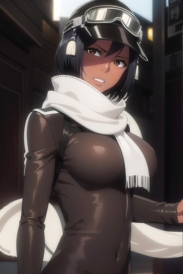 jackietristan, <lora:jackietristan-lora-nochekaiser:1>,jackie tristan, short hair, black hair, dark skin, dark-skinned female, (brown eyes:1.5),BREAK thighhighs, gloves, boots, goggles, goggles on head, hat, scarf, white scarf,BREAK looking at viewer, full body,BREAK outdoors,BREAK <lyco:GoodHands-beta2:1>, (masterpiece:1.2), best quality, high resolution, unity 8k wallpaper, (illustration:0.8), (beautiful detailed eyes:1.6), extremely detailed face, perfect lighting, extremely detailed CG, (perfect hands, perfect anatomy),