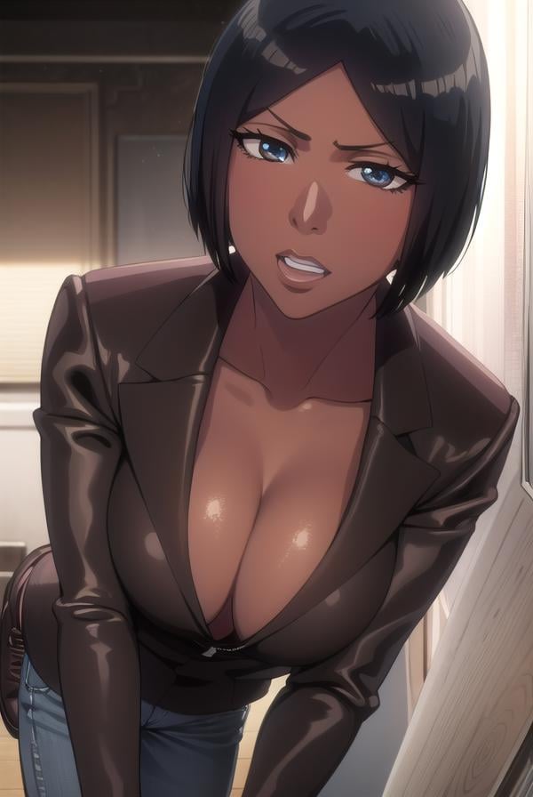 jackietristan, <lora:jackietristan-lora-nochekaiser:1>,jackie tristan, short hair, black hair, dark skin, dark-skinned female, (brown eyes:1.5),BREAK cleavage, boots, pants, grey pants, jacket, long sleeves,BREAK looking at viewer, full body,BREAK indoors,BREAK <lyco:GoodHands-beta2:1>, (masterpiece:1.2), best quality, high resolution, unity 8k wallpaper, (illustration:0.8), (beautiful detailed eyes:1.6), extremely detailed face, perfect lighting, extremely detailed CG, (perfect hands, perfect anatomy),