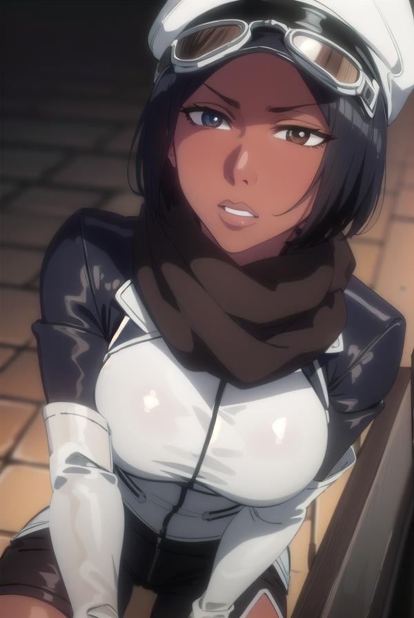 jackietristan, <lora:jackietristan-lora-nochekaiser:1>,jackie tristan, short hair, black hair, dark skin, dark-skinned female, (brown eyes:1.5),BREAK thighhighs, gloves, boots, goggles, goggles on head, hat, scarf, white scarf,BREAK looking at viewer, full body,BREAK outdoors,BREAK <lyco:GoodHands-beta2:1>, (masterpiece:1.2), best quality, high resolution, unity 8k wallpaper, (illustration:0.8), (beautiful detailed eyes:1.6), extremely detailed face, perfect lighting, extremely detailed CG, (perfect hands, perfect anatomy),