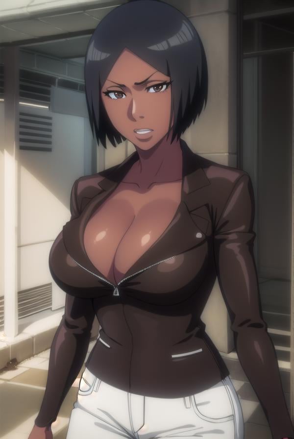 jackietristan, <lora:jackietristan-lora-nochekaiser:1>,jackie tristan, short hair, black hair, dark skin, dark-skinned female, (brown eyes:1.5),BREAK cleavage, boots, pants, grey pants, jacket, long sleeves,BREAK looking at viewer, full body,BREAK indoors,BREAK <lyco:GoodHands-beta2:1>, (masterpiece:1.2), best quality, high resolution, unity 8k wallpaper, (illustration:0.8), (beautiful detailed eyes:1.6), extremely detailed face, perfect lighting, extremely detailed CG, (perfect hands, perfect anatomy),