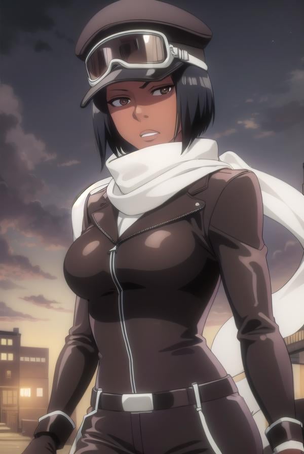 jackietristan, <lora:jackietristan-lora-nochekaiser:1>,jackie tristan, short hair, black hair, dark skin, dark-skinned female, (brown eyes:1.5),BREAK thighhighs, gloves, boots, goggles, goggles on head, hat, scarf, white scarf,BREAK looking at viewer, full body,BREAK outdoors,BREAK <lyco:GoodHands-beta2:1>, (masterpiece:1.2), best quality, high resolution, unity 8k wallpaper, (illustration:0.8), (beautiful detailed eyes:1.6), extremely detailed face, perfect lighting, extremely detailed CG, (perfect hands, perfect anatomy),