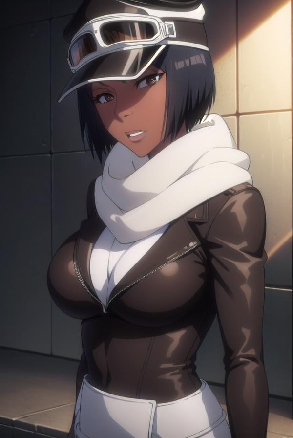 jackietristan, <lora:jackietristan-lora-nochekaiser:1>,jackie tristan, short hair, black hair, dark skin, dark-skinned female, (brown eyes:1.5),BREAK thighhighs, gloves, boots, goggles, goggles on head, hat, scarf, white scarf,BREAK looking at viewer, full body,BREAK outdoors,BREAK <lyco:GoodHands-beta2:1>, (masterpiece:1.2), best quality, high resolution, unity 8k wallpaper, (illustration:0.8), (beautiful detailed eyes:1.6), extremely detailed face, perfect lighting, extremely detailed CG, (perfect hands, perfect anatomy),