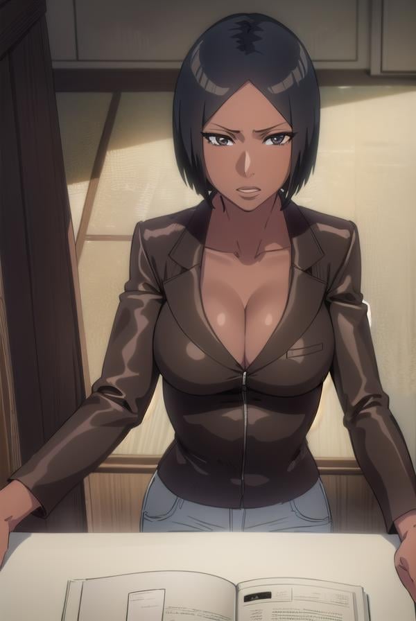 jackietristan, <lora:jackietristan-lora-nochekaiser:1>,jackie tristan, short hair, black hair, dark skin, dark-skinned female, (brown eyes:1.5),BREAK cleavage, boots, pants, grey pants, jacket, long sleeves,BREAK looking at viewer, full body,BREAK indoors,BREAK <lyco:GoodHands-beta2:1>, (masterpiece:1.2), best quality, high resolution, unity 8k wallpaper, (illustration:0.8), (beautiful detailed eyes:1.6), extremely detailed face, perfect lighting, extremely detailed CG, (perfect hands, perfect anatomy),