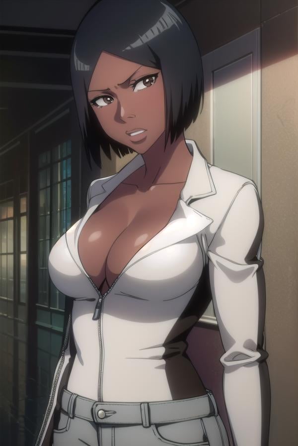 jackietristan, <lora:jackietristan-lora-nochekaiser:1>,jackie tristan, short hair, black hair, dark skin, dark-skinned female, (brown eyes:1.5),BREAK cleavage, boots, pants, grey pants, jacket, long sleeves,BREAK looking at viewer, full body,BREAK indoors,BREAK <lyco:GoodHands-beta2:1>, (masterpiece:1.2), best quality, high resolution, unity 8k wallpaper, (illustration:0.8), (beautiful detailed eyes:1.6), extremely detailed face, perfect lighting, extremely detailed CG, (perfect hands, perfect anatomy),