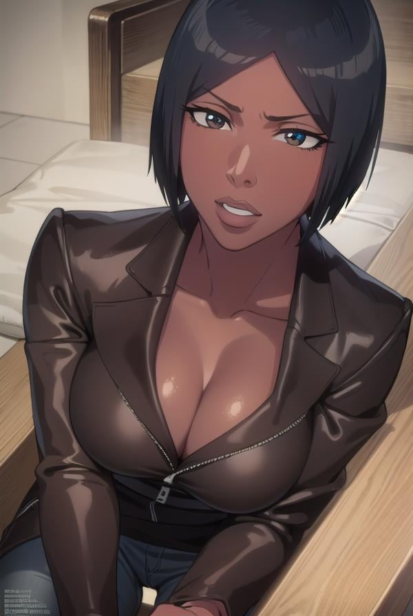 jackietristan, <lora:jackietristan-lora-nochekaiser:1>,jackie tristan, short hair, black hair, dark skin, dark-skinned female, (brown eyes:1.5),BREAK cleavage, boots, pants, grey pants, jacket, long sleeves,BREAK looking at viewer, full body,BREAK indoors,BREAK <lyco:GoodHands-beta2:1>, (masterpiece:1.2), best quality, high resolution, unity 8k wallpaper, (illustration:0.8), (beautiful detailed eyes:1.6), extremely detailed face, perfect lighting, extremely detailed CG, (perfect hands, perfect anatomy),