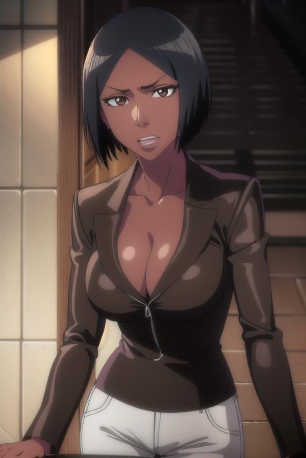 jackietristan, <lora:jackietristan-lora-nochekaiser:1>,jackie tristan, short hair, black hair, dark skin, dark-skinned female, (brown eyes:1.5),BREAK cleavage, boots, pants, grey pants, jacket, long sleeves,BREAK looking at viewer, full body,BREAK indoors,BREAK <lyco:GoodHands-beta2:1>, (masterpiece:1.2), best quality, high resolution, unity 8k wallpaper, (illustration:0.8), (beautiful detailed eyes:1.6), extremely detailed face, perfect lighting, extremely detailed CG, (perfect hands, perfect anatomy),