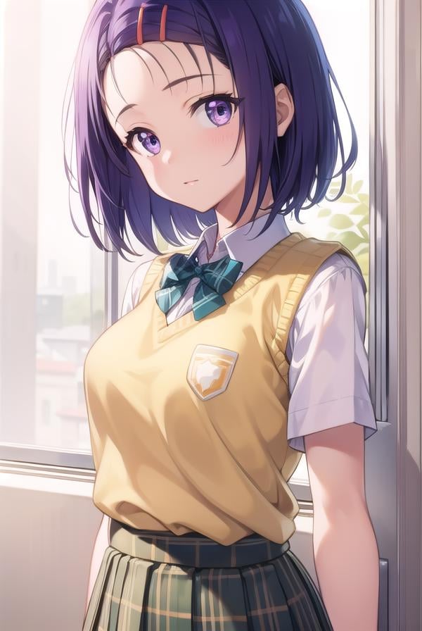 harunasairenji, <lora:harunasairenjitest:1>,haruna sairenji, hair ornament, hairclip, (purple eyes:1.1), purple hair, short hair, swept bangs, forehead,BREAK green skirt, plaid, plaid skirt, sainan high school uniform, school uniform, skirt, sweater vest, (yellow sweater:1.3), short sleeves,,BREAK looking at viewer,BREAK indoors, classroom,BREAK <lora:GoodHands-vanilla:1>, (masterpiece:1.2), best quality, high resolution, unity 8k wallpaper, (illustration:0.8), (beautiful detailed eyes:1.6), extremely detailed face, perfect lighting, extremely detailed CG, (perfect hands, perfect anatomy),