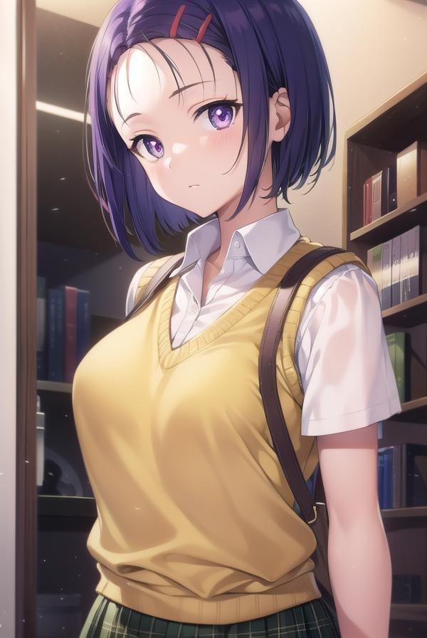 harunasairenji, <lora:harunasairenjitest:1>,haruna sairenji, hair ornament, hairclip, (purple eyes:1.1), purple hair, short hair, swept bangs, forehead,BREAK green skirt, plaid, plaid skirt, sainan high school uniform, school uniform, skirt, sweater vest, (yellow sweater:1.3), short sleeves,,BREAK looking at viewer,BREAK indoors, classroom,BREAK <lora:GoodHands-vanilla:1>, (masterpiece:1.2), best quality, high resolution, unity 8k wallpaper, (illustration:0.8), (beautiful detailed eyes:1.6), extremely detailed face, perfect lighting, extremely detailed CG, (perfect hands, perfect anatomy),