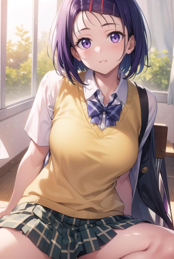 harunasairenji, <lora:harunasairenjitest:1>,haruna sairenji, hair ornament, hairclip, (purple eyes:1.1), purple hair, short hair, swept bangs, forehead,BREAK green skirt, plaid, plaid skirt, sainan high school uniform, school uniform, skirt, sweater vest, (yellow sweater:1.3), short sleeves,,BREAK looking at viewer,BREAK indoors, classroom,BREAK <lora:GoodHands-vanilla:1>, (masterpiece:1.2), best quality, high resolution, unity 8k wallpaper, (illustration:0.8), (beautiful detailed eyes:1.6), extremely detailed face, perfect lighting, extremely detailed CG, (perfect hands, perfect anatomy),