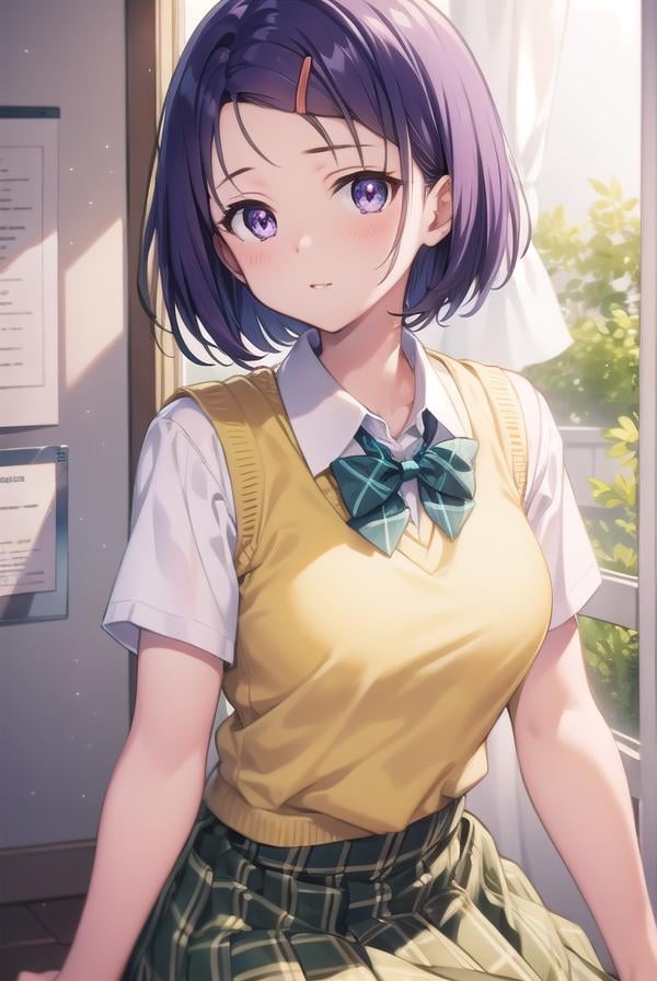 harunasairenji, <lora:harunasairenjitest:1>,haruna sairenji, hair ornament, hairclip, (purple eyes:1.1), purple hair, short hair, swept bangs, forehead,BREAK green skirt, plaid, plaid skirt, sainan high school uniform, school uniform, skirt, sweater vest, (yellow sweater:1.3), short sleeves,,BREAK looking at viewer,BREAK indoors, classroom,BREAK <lora:GoodHands-vanilla:1>, (masterpiece:1.2), best quality, high resolution, unity 8k wallpaper, (illustration:0.8), (beautiful detailed eyes:1.6), extremely detailed face, perfect lighting, extremely detailed CG, (perfect hands, perfect anatomy),