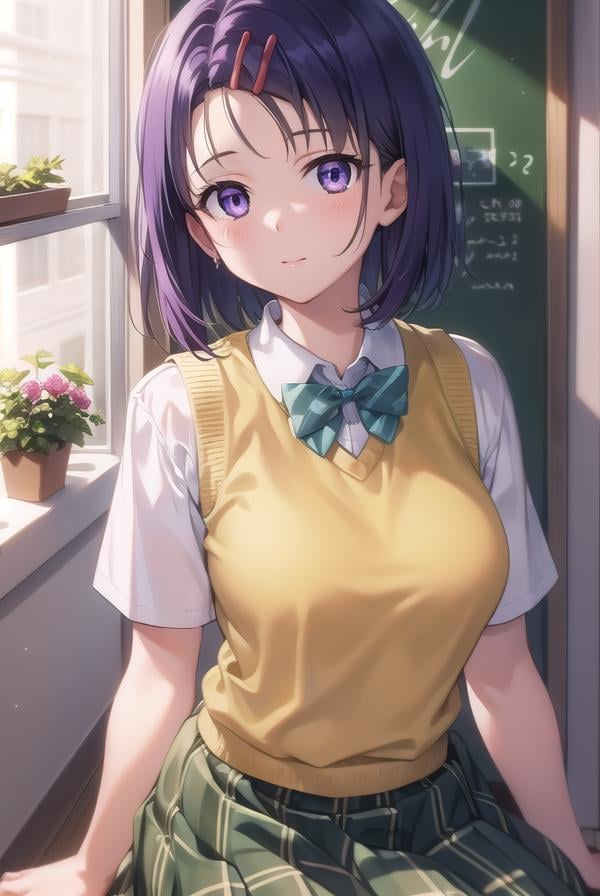 harunasairenji, <lora:harunasairenjitest:1>,haruna sairenji, hair ornament, hairclip, (purple eyes:1.1), purple hair, short hair, swept bangs, forehead,BREAK green skirt, plaid, plaid skirt, sainan high school uniform, school uniform, skirt, sweater vest, (yellow sweater:1.3), short sleeves,,BREAK looking at viewer,BREAK indoors, classroom,BREAK <lora:GoodHands-vanilla:1>, (masterpiece:1.2), best quality, high resolution, unity 8k wallpaper, (illustration:0.8), (beautiful detailed eyes:1.6), extremely detailed face, perfect lighting, extremely detailed CG, (perfect hands, perfect anatomy),