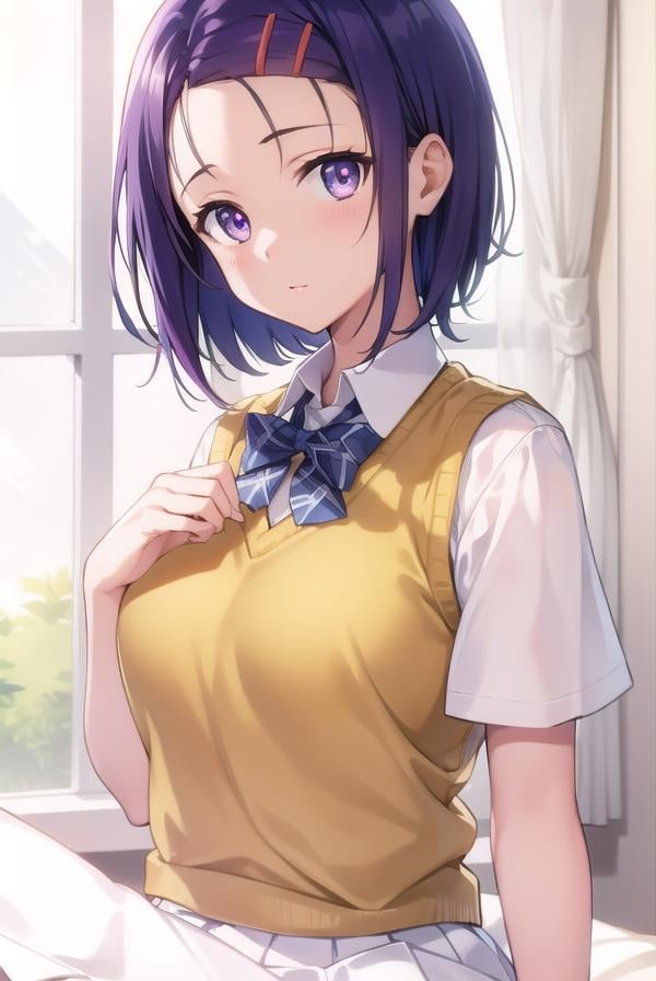 harunasairenji, <lora:harunasairenjitest:1>,haruna sairenji, hair ornament, hairclip, (purple eyes:1.1), purple hair, short hair, swept bangs, (forehead:1.2),BREAK green skirt, plaid, plaid skirt, sainan high school uniform, school uniform, skirt, sweater vest, (yellow sweater:1.3), short sleeves,,BREAK looking at viewer,BREAK indoors, classroom,BREAK <lora:GoodHands-vanilla:1>, (masterpiece:1.2), best quality, high resolution, unity 8k wallpaper, (illustration:0.8), (beautiful detailed eyes:1.6), extremely detailed face, perfect lighting, extremely detailed CG, (perfect hands, perfect anatomy),