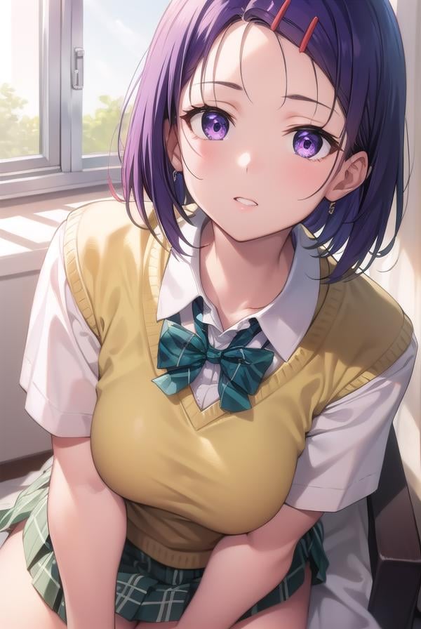 harunasairenji, <lora:harunasairenjitest:1>,haruna sairenji, hair ornament, hairclip, (purple eyes:1.1), purple hair, short hair, swept bangs, forehead,BREAK green skirt, plaid, plaid skirt, sainan high school uniform, school uniform, skirt, sweater vest, (yellow sweater:1.3), short sleeves,,BREAK looking at viewer,BREAK indoors, classroom,BREAK <lora:GoodHands-vanilla:1>, (masterpiece:1.2), best quality, high resolution, unity 8k wallpaper, (illustration:0.8), (beautiful detailed eyes:1.6), extremely detailed face, perfect lighting, extremely detailed CG, (perfect hands, perfect anatomy),