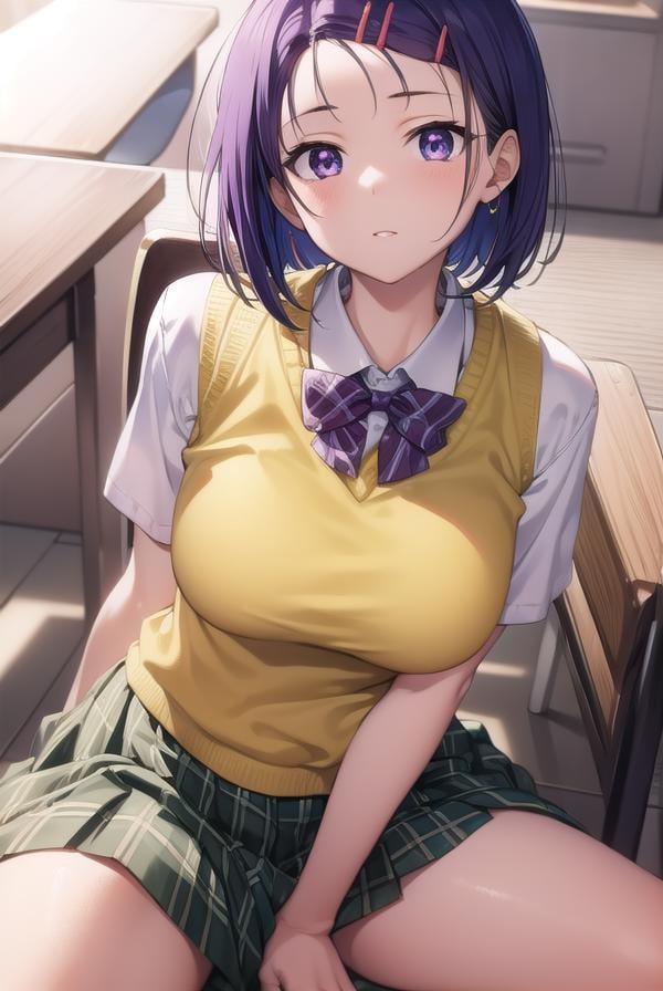 harunasairenji, <lora:harunasairenjitest:1>,haruna sairenji, hair ornament, hairclip, (purple eyes:1.1), purple hair, short hair, swept bangs, forehead,BREAK green skirt, plaid, plaid skirt, sainan high school uniform, school uniform, skirt, sweater vest, (yellow sweater:1.3), short sleeves,,BREAK looking at viewer,BREAK indoors, classroom,BREAK <lora:GoodHands-vanilla:1>, (masterpiece:1.2), best quality, high resolution, unity 8k wallpaper, (illustration:0.8), (beautiful detailed eyes:1.6), extremely detailed face, perfect lighting, extremely detailed CG, (perfect hands, perfect anatomy),