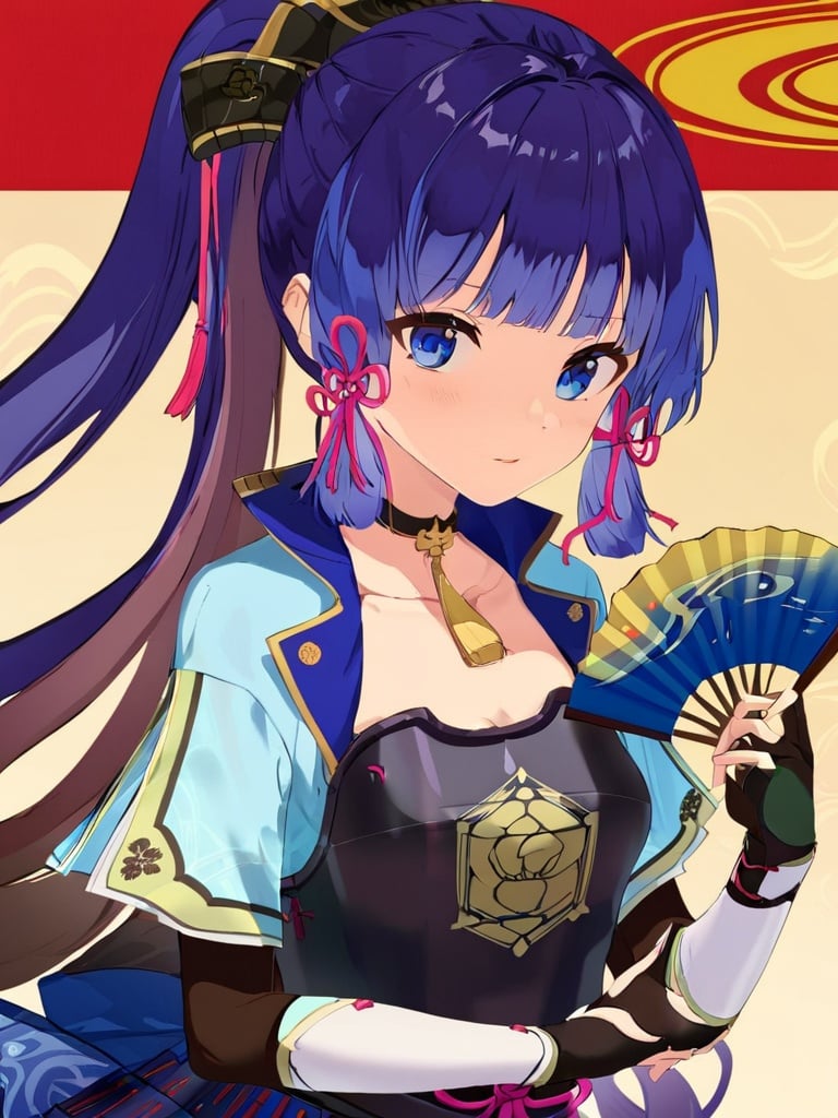 (\shen li ling hua\),1girl, solo, ponytail, blue eyes, long hair, looking at viewer, bangs, holding, breastplate, hair ornament, sidelocks, folding fan, hair ribbon, ribbon, mole, mole under eye, japanese armor, arm guards, collarbone, blue hair, choker, gloves, japanese clothes, cleavage, short sleeves, blush,shenli