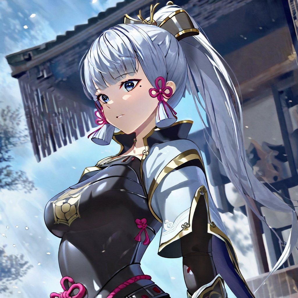 shenli, 1girl, solo, breastplate, armor, kamisato ayaka, bangs, blue eyes, mole, ponytail