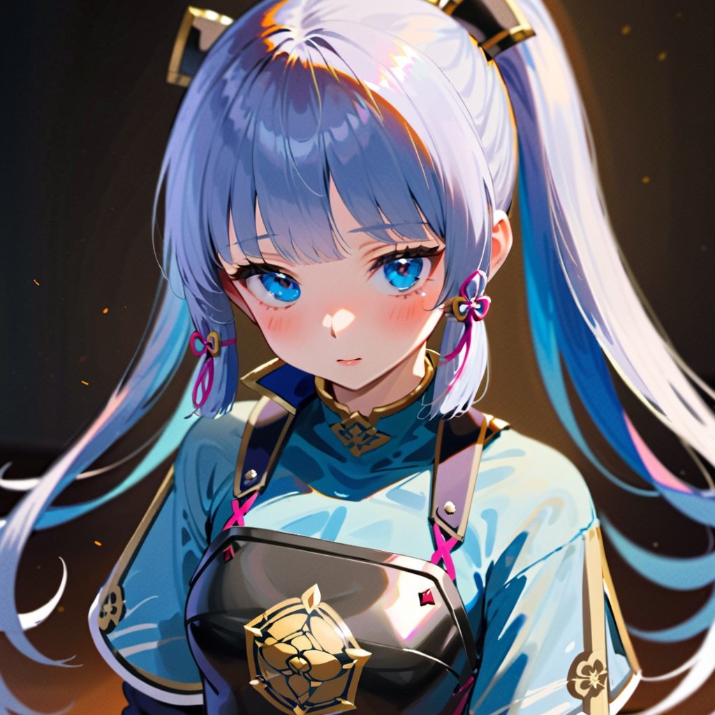 shenli, 1girl, solo, breastplate, armor, kamisato ayaka, bangs, blue eyes, mole, ponytail