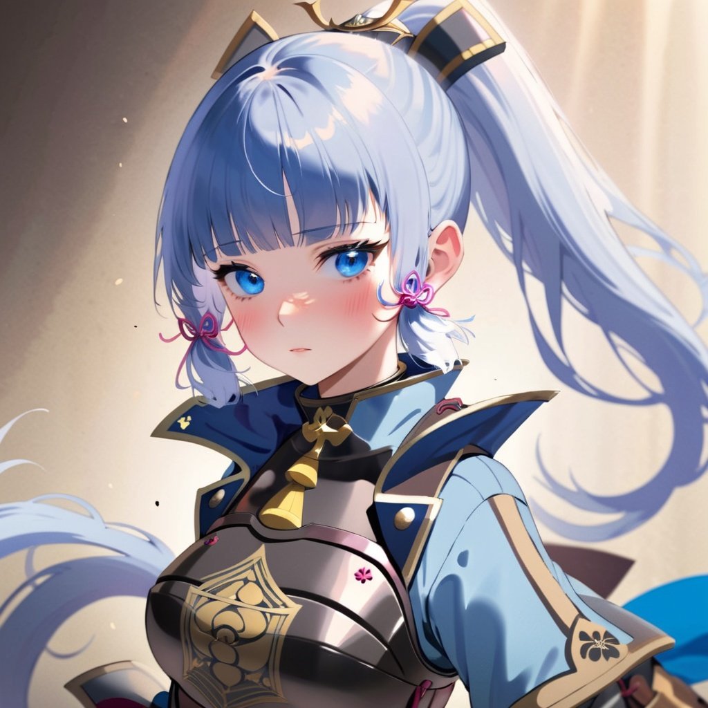 shenli, 1girl, solo, breastplate, armor, kamisato ayaka, bangs, blue eyes, mole, ponytail