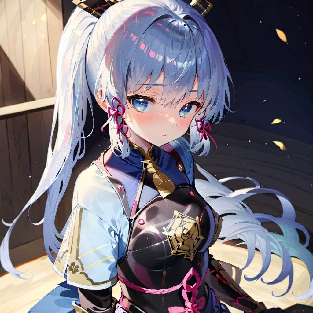 shenli, 1girl, solo, breastplate, armor, kamisato ayaka, bangs, blue eyes, mole, ponytail