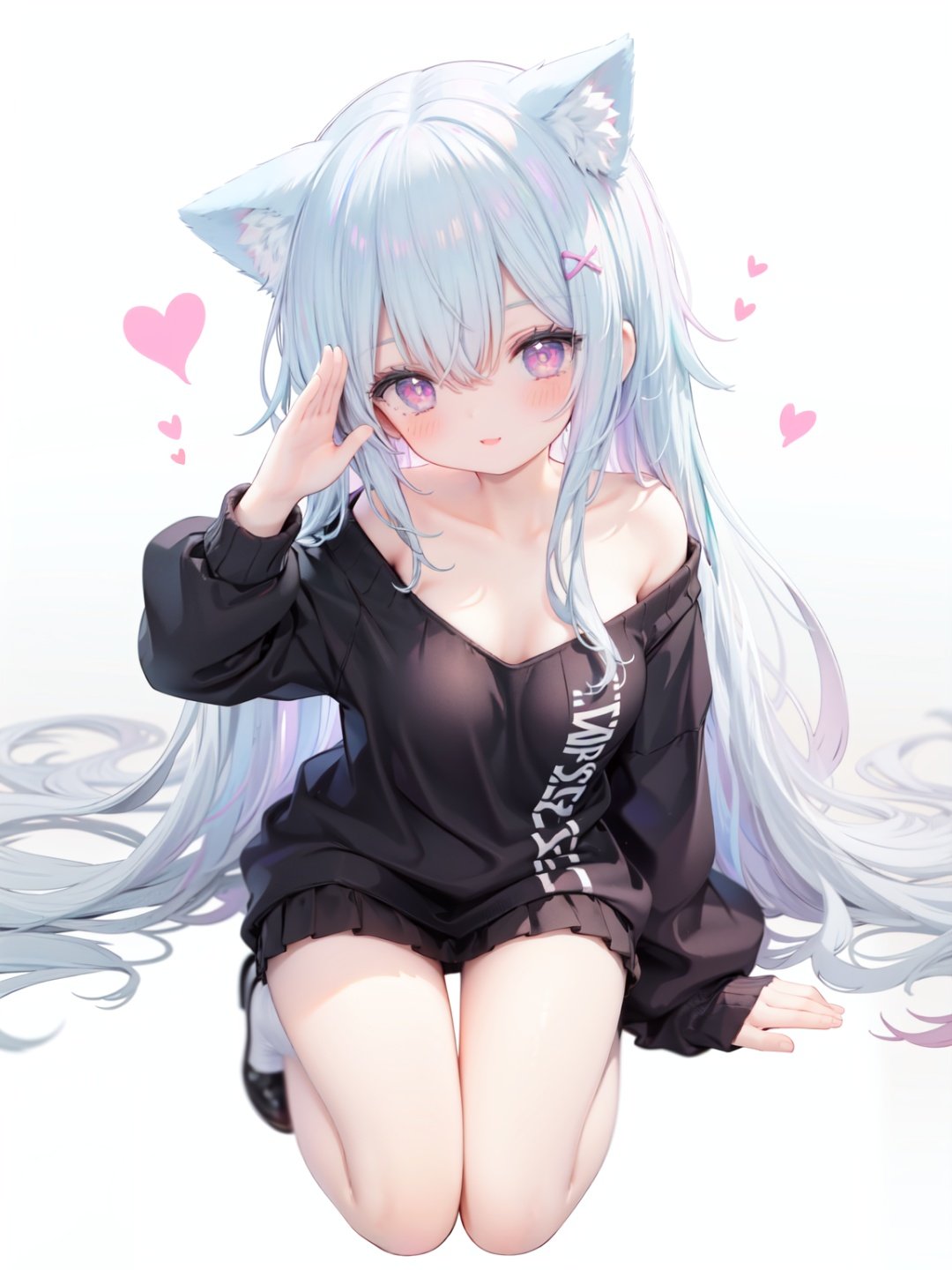 petite, loli, solo, animal ears, heart, puffy short sleeves, blue hair, long hair, off shoulder, bangs, hair ornament, gradient background,rainbow gradient, x hair ornament, animal ear fluff, looking at viewer, very long hair, blush, smile, cat ears, bare shoulders, collarbone, hand up, gradient sweater, hair between eyes, symbol-shaped pupils, arm up, heart-shaped pupils, hairclip, medium breasts, salute, bare legs,full body