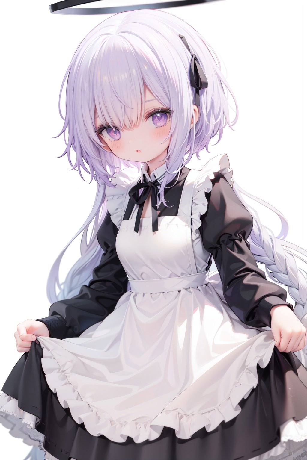 1girl,  solo,  apron,  long hair,  hair over one eye,  white background,  frills,  braid,  halo,  long sleeves,  dress,  simple background,  white hair,  white apron,  puffy sleeves,  very long hair,  frilled apron,  maid,  purple eyes,  ribbon,  parted lips,  maid apron,  bangs,  juliet sleeves,  black dress,  neck ribbon,  looking at viewer,  single braid,  blush