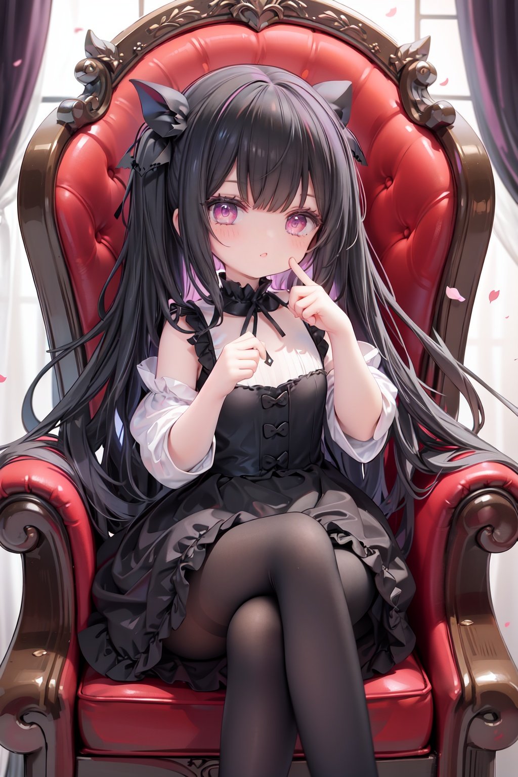 masterpiece, ((best quality)), (ultra-detailed), (illustration), an extremely delicate and beautiful girl, dynamic angle, chromatic aberration, ((colorful)),//,1girls,loli,(petite child:1.1),//,(in Gothic castle),girl with black hair,red eyes,Vertical pupil,long hair,hair arrangement,(Detailed face description),(batwing),(Gothic Lolita),(bat tail),alccandlestick,Cathedral glass,,short skirt,black pantyhose,red lace,high heels,rose tattoo,throne,sitting,crossed legs,//,