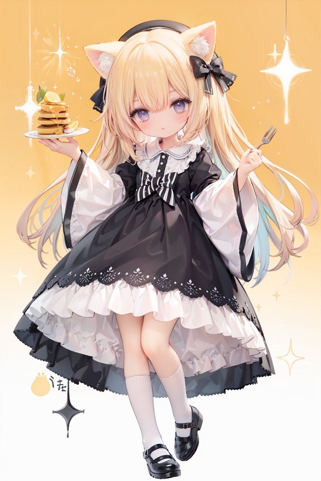 (cinematic lighting),  dreamy atmosphere,  Ray tracing,  (((solo))),  (loli:1.5),  (child:1.5),  (petite:1.5),  green eyes,  (animal ears),  dress,  solo,  food,  blonde hair,  open mouth,  long hair,  pancake,  flower,  holding,  bow,  smile,  fork,  bird,  socks,  looking at viewer,  shoes,  striped background,  holding fork,  bonnet,  striped,  frills,  long sleeves,  :d,  yellow dress,  bangs,  eyebrows visible through hair,  blush,  green nails,  hair bow,  nail polish,  diagonal stripes,  chick,  sparkle,  frilled dress,  orange bow,  fruit,  full body,  :3,  hair between eyes,  green bow,  puffy sleeves,  heart,  lemon,  orange footwear,  animal ear fluff,  white bow,  cat ears,  bobby socks,  orange headwear,  see-through sleeves,  blue background,  striped bow,  hair ornament,  white legwear,  mary janes