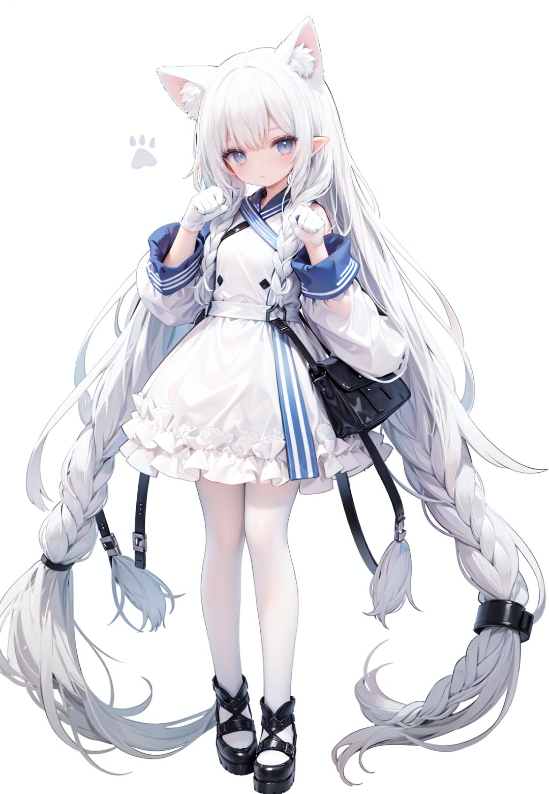 1girl, white_gloves, braid, full_body, gloves, long_hair, official_alternate_costume, pointy_ears, simple_background, solo, standing, very_long_hair, white_background,white hair,blue eyes,paw claw pose, open_mouth,