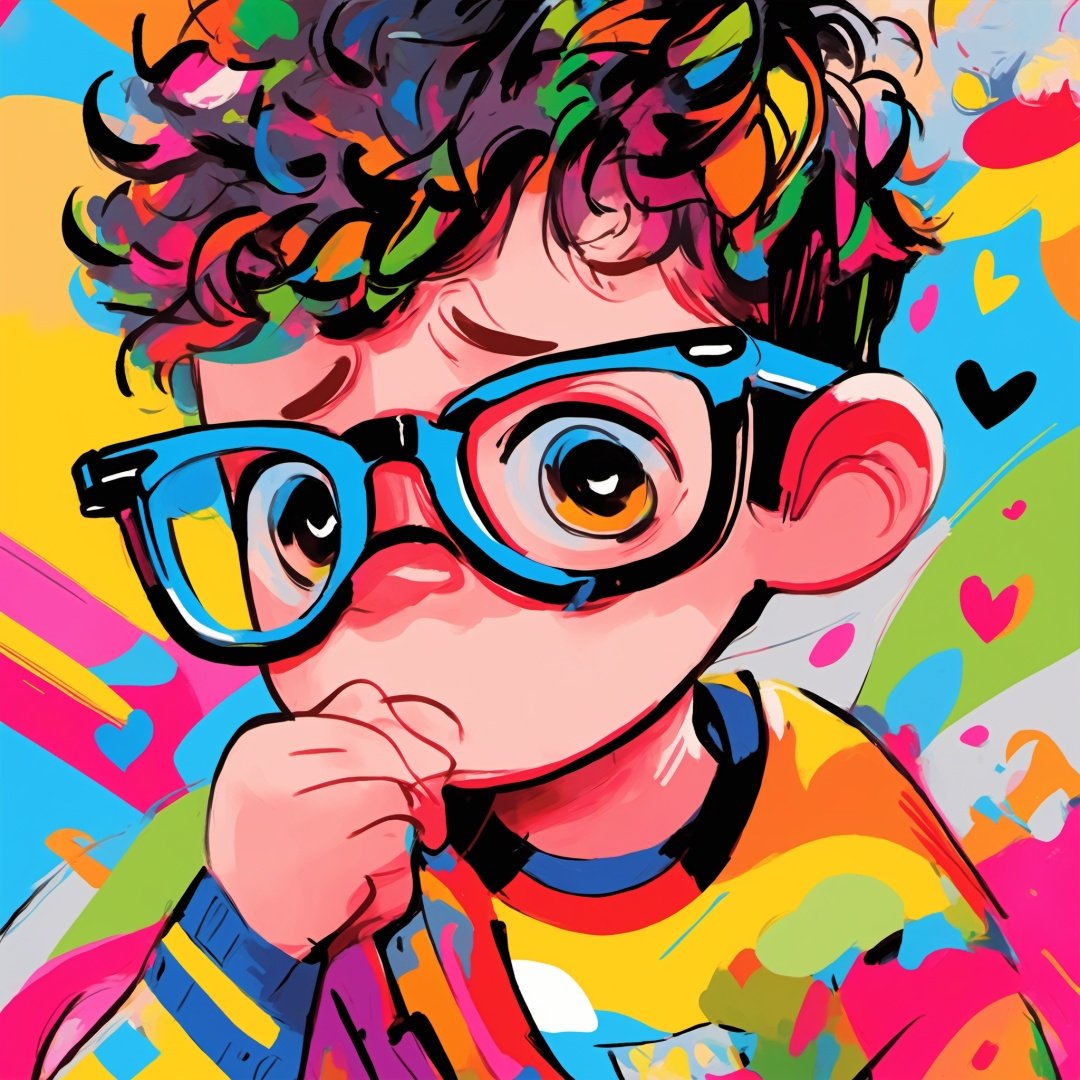 A boy, doodling, colorful,wearing glasses, crying