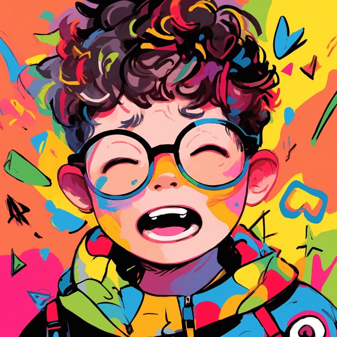 A boy, doodling, colorful,wearing glasses, crying