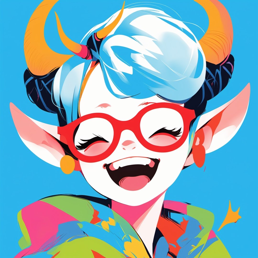 A girl, horns, glasses, happy, blue background