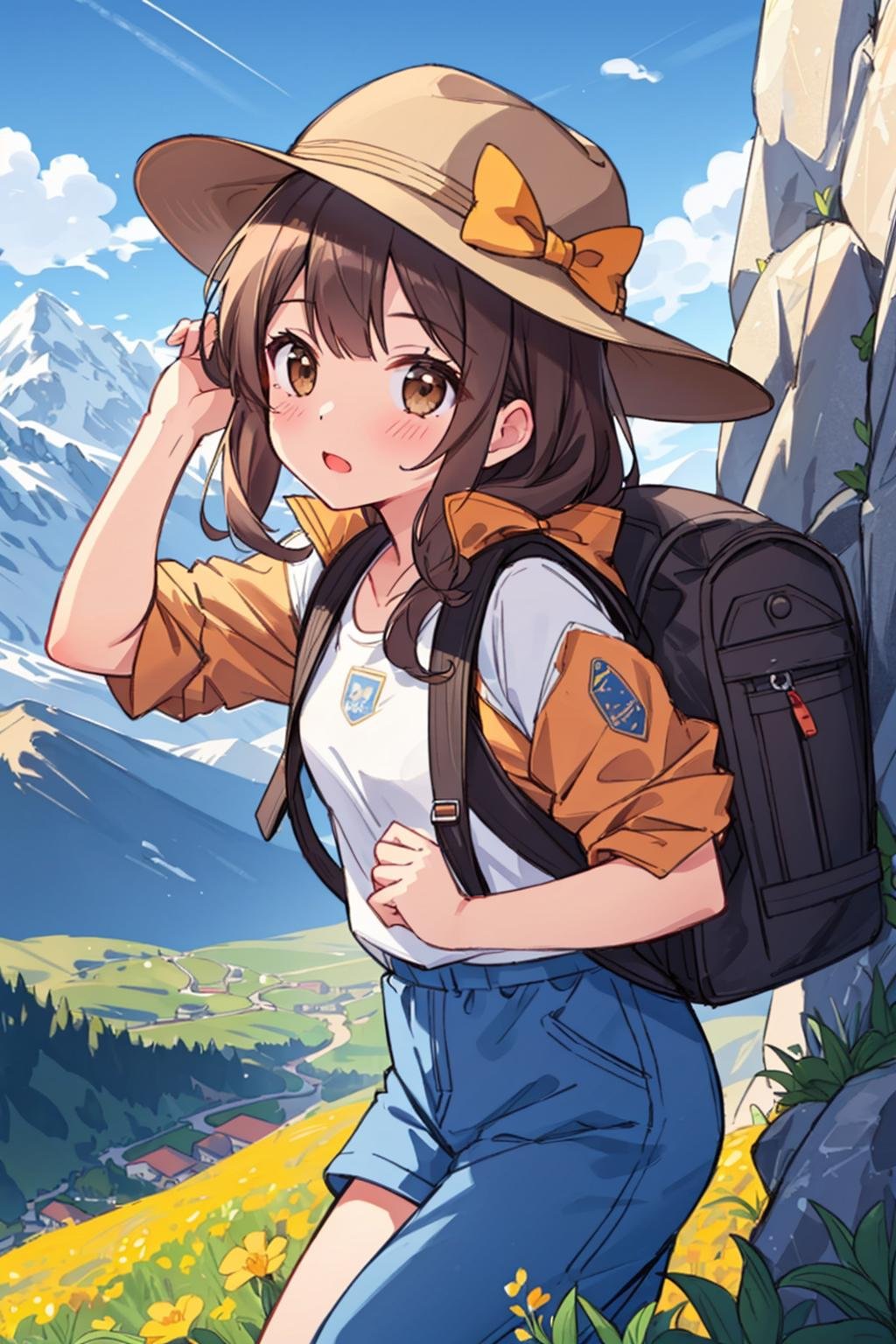 extremely detailed CG, 4K, ultra-detailed, beautiful detailed face and eyes,detailed face skin, cinematic lighting, (perfect anatomy:1.3),cute illustration,cute illustration, high-res, ultra-detailed, beautiful detailed eyes,1girl,solo, small breasts,brown eyes, blush, bow, brown medium hair, mountaineering hat,climbing clothes,windbreaker, carrying a backpack,alpine flowers, trail, mountain, cloud, blue sky,perfect lighting,