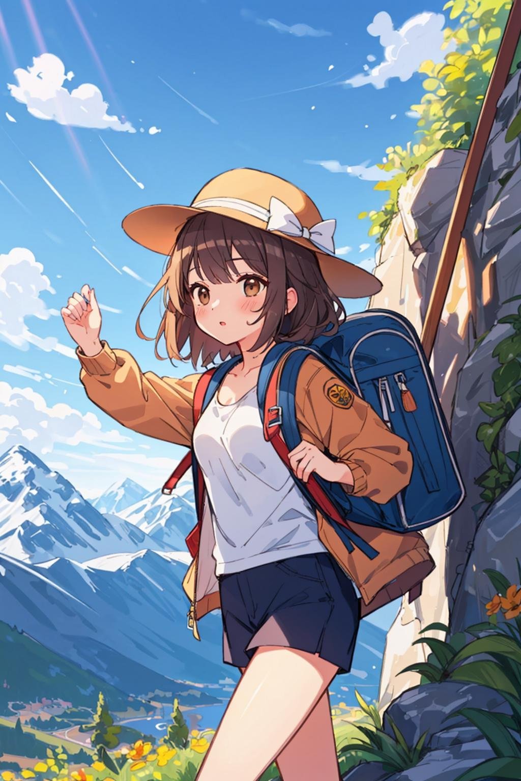 extremely detailed CG, 4K, ultra-detailed, beautiful detailed face and eyes,detailed face skin, cinematic lighting, (perfect anatomy:1.3),cute illustration,cute illustration, high-res, ultra-detailed, beautiful detailed eyes,1girl,solo, small breasts,brown eyes, blush, bow, brown medium hair, mountaineering hat,climbing clothes,windbreaker, carrying a backpack,alpine flowers, trail, mountain, cloud, blue sky,perfect lighting,