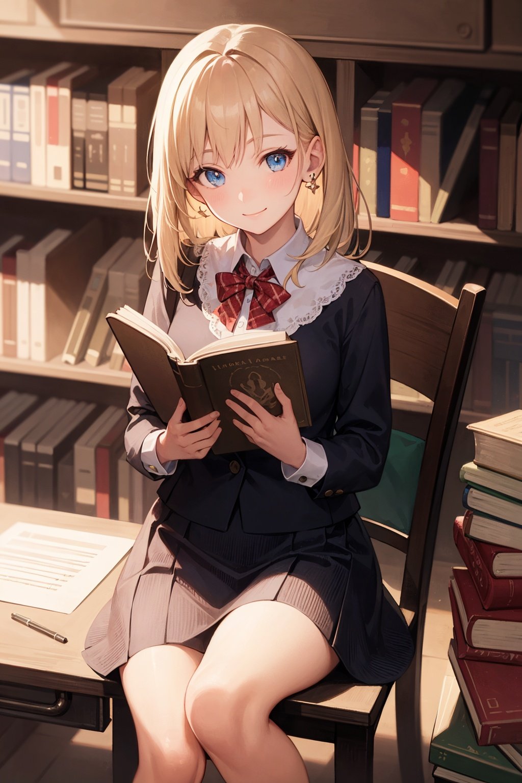 best quality,(masterpiece:1.3),fullbody,ultra-detailed,solo:1.3,1GIRL,realistic,Sitting and studying in the library,Unfolded note on desk,earring,colorful refraction in eyes,bookshelf,bookcase,delicate_features,pretty_face,smiling,pure,lovely,looking at viewer,