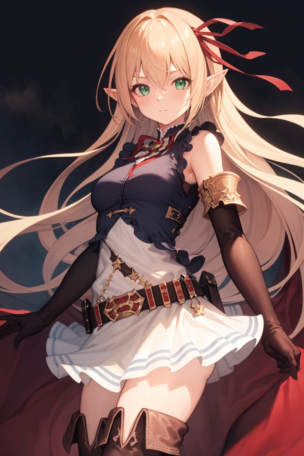 best quality，(masterpiece:1.3),cowboy shot,ultra-detailed,solo,1girl, arisa \(shadowverse\), dynamic angle, dynamic pose,junp up,long hair, bangs, ribbon, pointy ears, hair ribbon, elf, gloves, blush, blonde hair,  elbow gloves, red ribbon, hair between eyes, green eyes, skirt, sleeveless, dress,  bare shoulders, shirt,  belt, sleeveless shirt, thigh boots, white skirt,  black gloves,  frills,  brown footwear,  pleated skirt, miniskirt, sidelocks, blue shirt, sleeveless dress,  white dress, short dress,  red cape,   brown belt, buckle, red bow, knee boots, high heels, armlet<lora:Shadowverse Arisa:1>