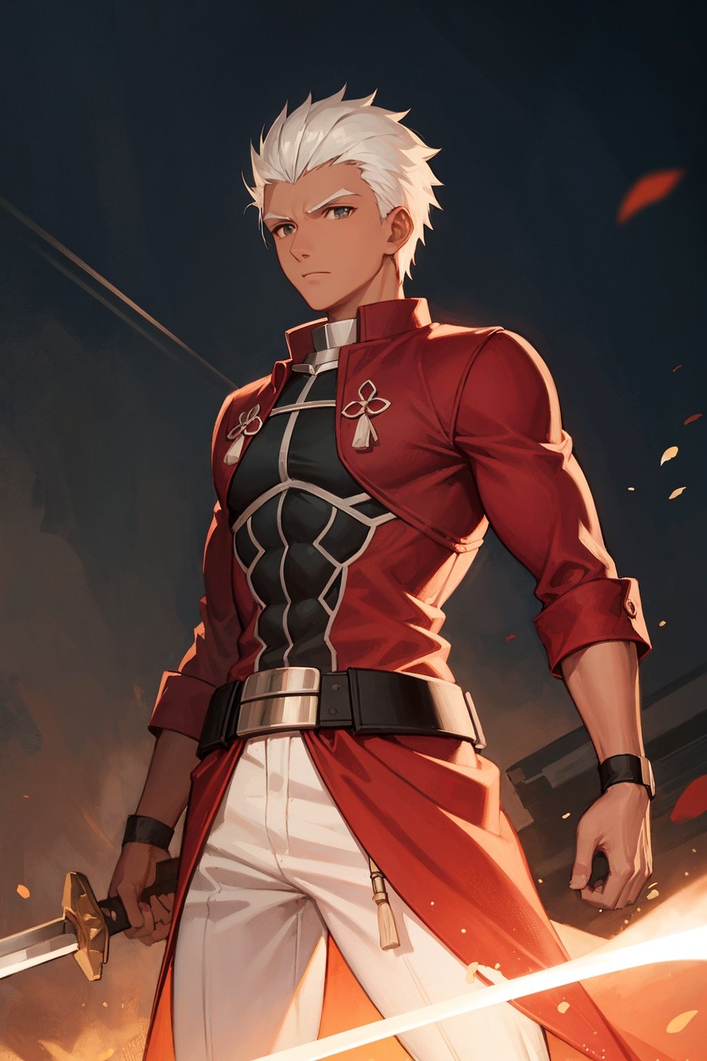 best quality,(masterpiece:1.3),cowboy shot,ultra-detailed,solo:1.3,<lora:shirou-10:0.8>,emiya_shiro,holding,weapon,sword,dual wielding,dark skin,cinematic lighting,battlefield,full of arrows, 