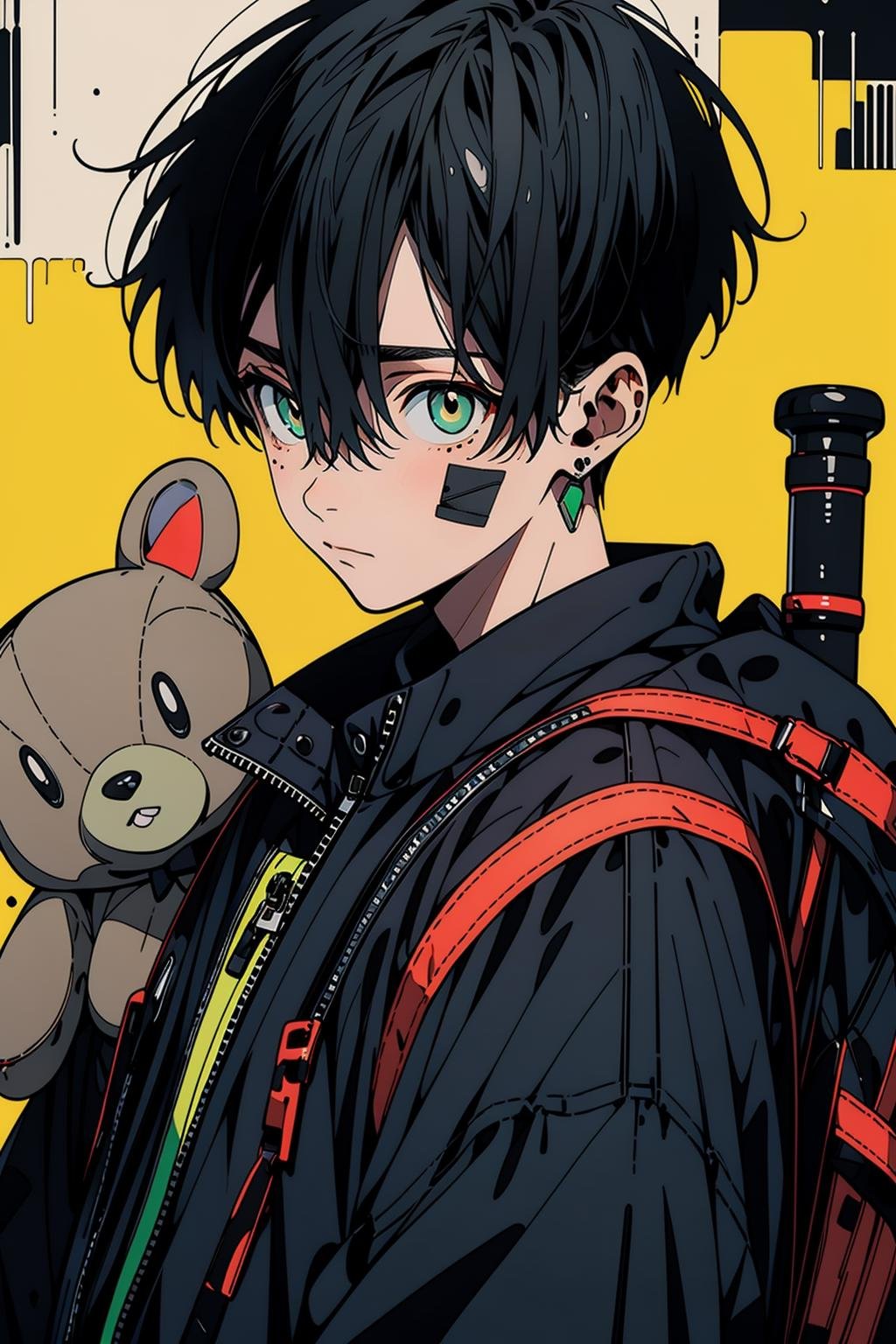 (best quality, masterpiece:1.2),1boy,niji,black hair,green eyes,solo,short hair,black jacket,backpack,bandaid on face,mole,closed mouth,upper body,hair between eyes,mole under eye,stuffed toy,black theme,