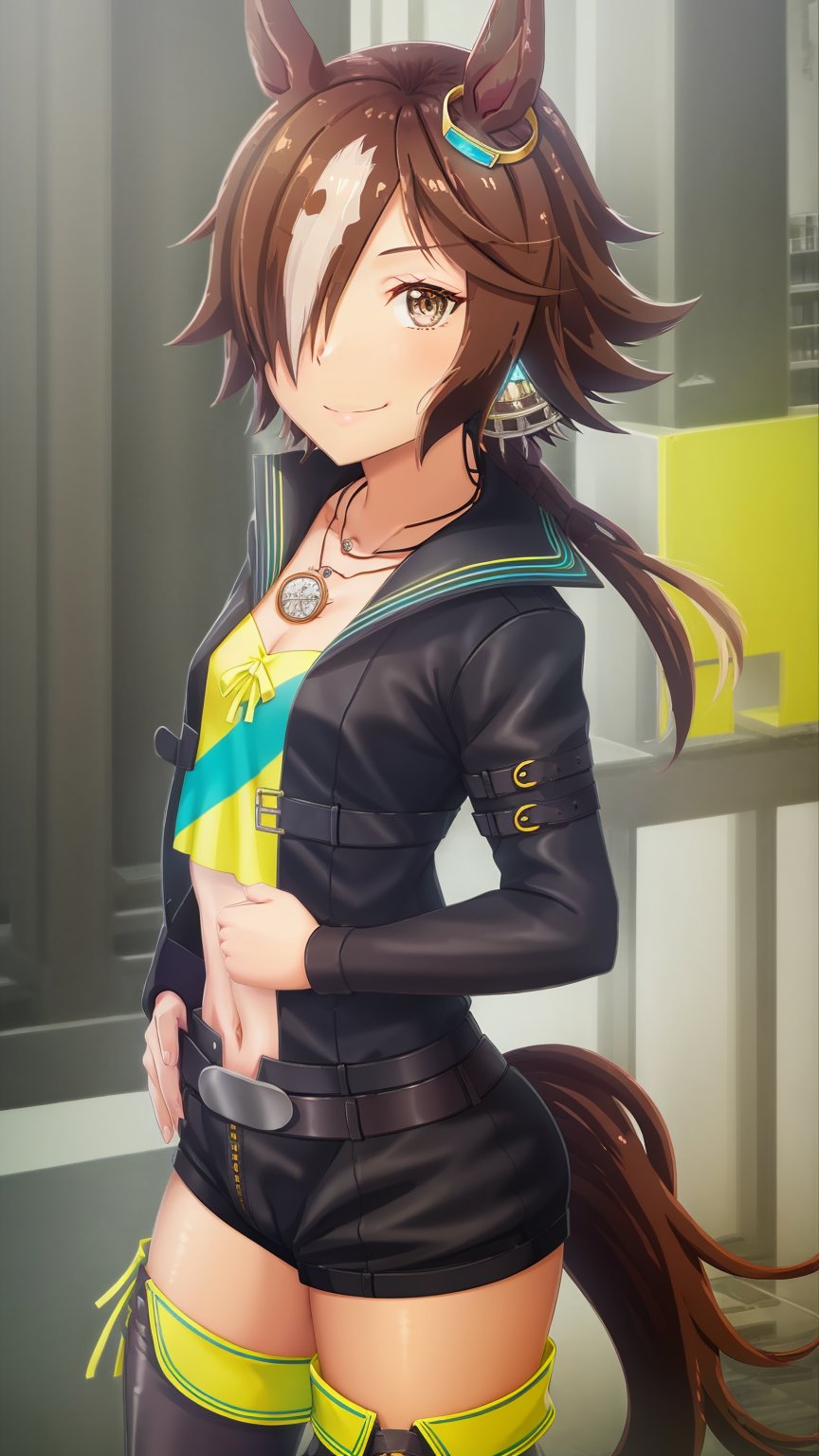 masterpiece, Best Quality, anime colours, Game CG, Official art, High quality, Best Quality, extremely detailed eye, extra detailed body, extremely detailed fingers, Diagonal composition, hair ornament, looking up at viewer, cowboy shot, Horse tail,outdoor, downtown, standing, (smile), small breasts, crop top, yellow shirt, necklace, long sleeves, black jacket, open clothes, open jacket, navel, black shorts, belt, short shorts, jewelry, groin, thighhighs, thigh boots, black footwear