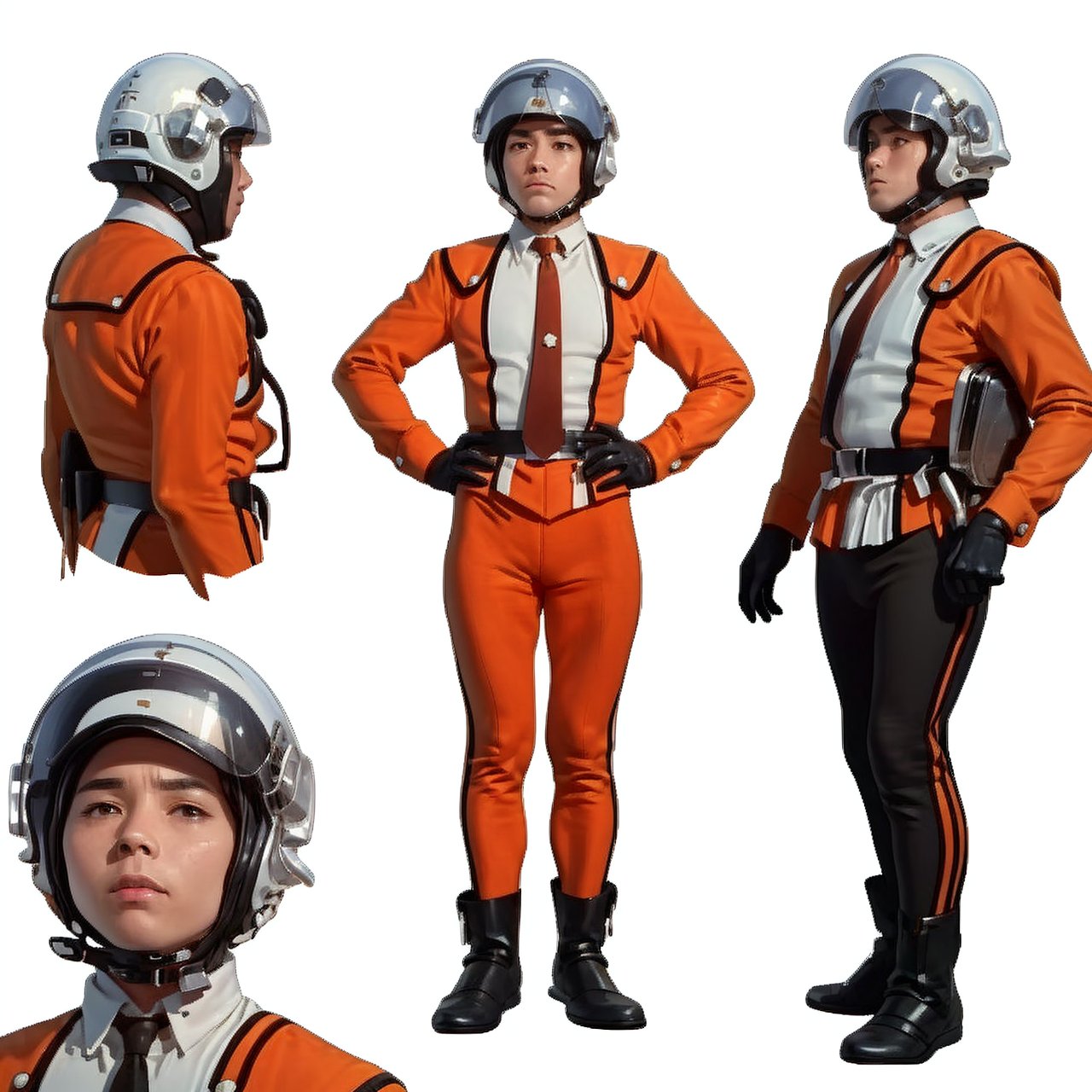 (masterpiece:1.3), (the best quality:1.2), (super fine illustrations:1.2), (Masterpiece), high quality, high detail, ((white background:1.2)), looking at viewer, (SOLO:1.4), outline, , simple background, leggings, black gloves, helmet, boots, orange pants, orange jacket, uniform, jacket, belt, military uniform, white shirt, suit, shirt, necktie,