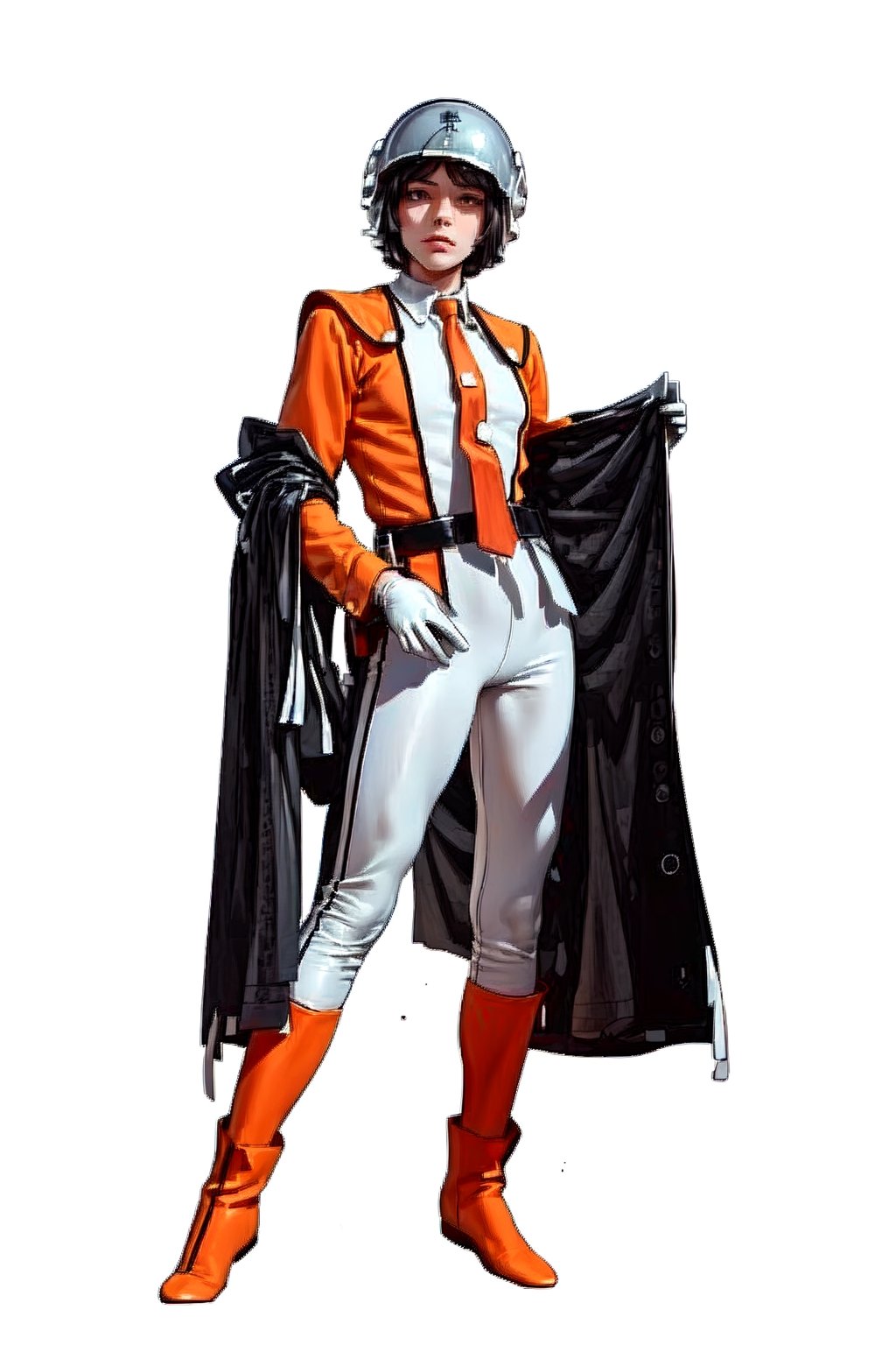 (masterpiece:1.3),  (the best quality:1.2),  (super fine illustrations:1.2),  (Masterpiece),  high quality,  high detail, ((white background:1.2)),  looking at viewer,  (SOLO:1.4), outline, , simple background,  leggings,  black gloves,  helmet,  boots,  orange pants, orange jacket,  uniform,  jacket,  belt, military uniform,  white shirt,  suit,  shirt,  necktie, 