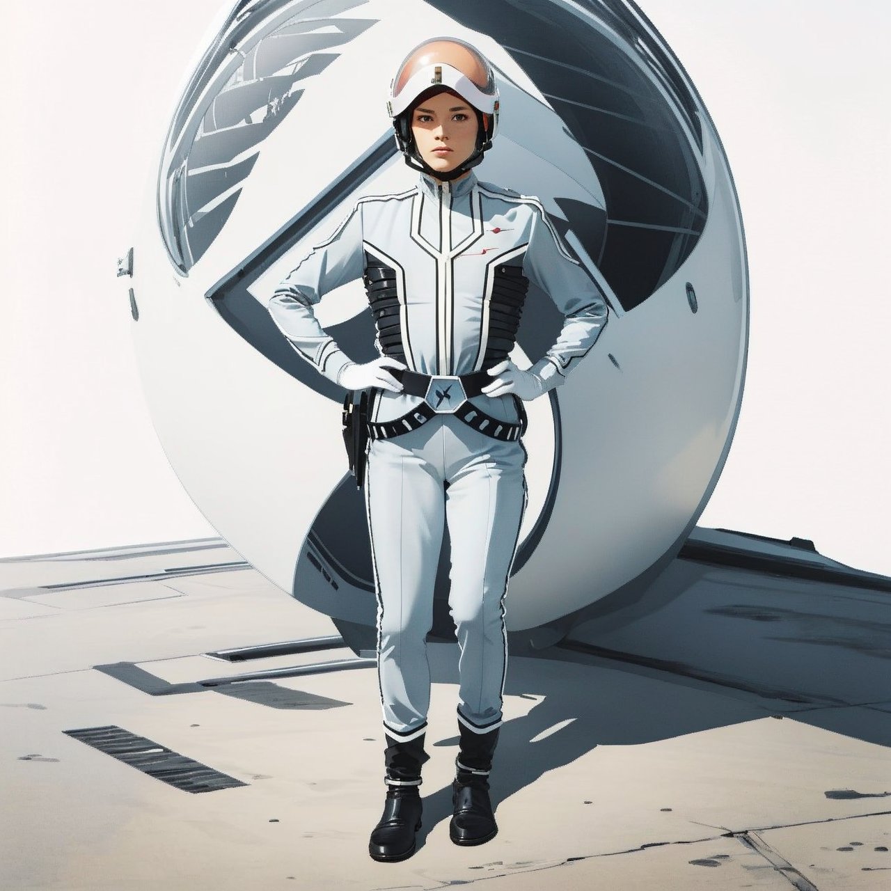 (masterpiece:1.3), (the best quality:1.2), (super fine illustrations:1.2), (Masterpiece), high quality, high detail, ((white background:1.2)), looking at viewer, (SOLO:1.4), outline, , simple background, boots, bodysuit, belt, jacket, coat, helmet, military, gloves, uniform, military uniform, helmet, boots