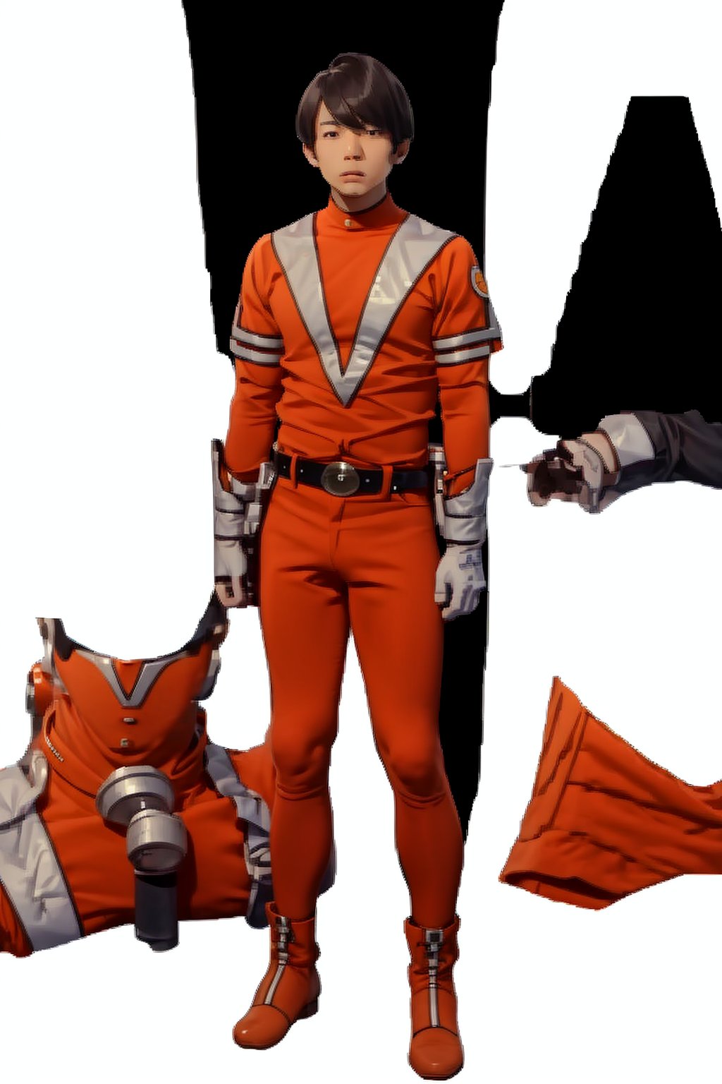 (masterpiece:1.3), (the best quality:1.2), (super fine illustrations:1.2), (Masterpiece), high quality, high detail, ((white background:1.2)), looking at viewer, (SOLO:1.4), outline, , simple background, bodysuit, orange shirt, orange legwear, jacket, belt, gloves, boots, odysuit, 