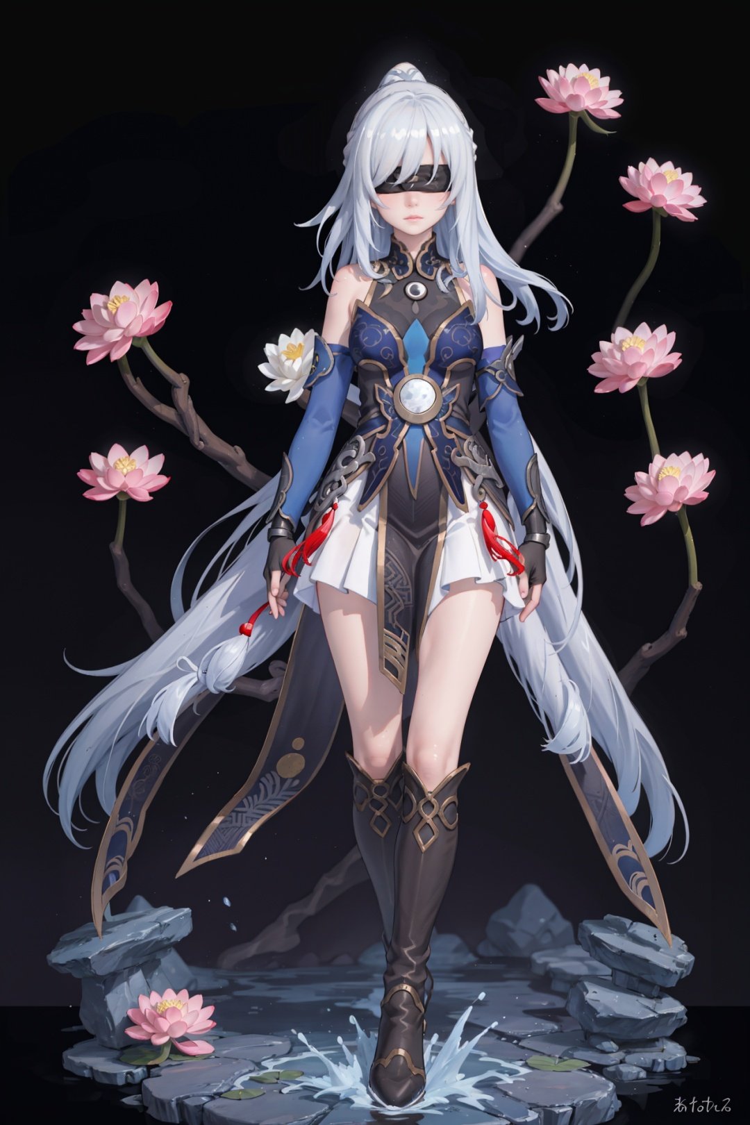 realistic,jingliu, silver hair, elbow gloves, long hair, (blindfold:1.2), boots, bare shoulders, dress, hair ribbon,fancy
masterpiece,Ancient Chinese beauty on stone,wearing ancient Chinese clothing,flowing tulle,light silk,lazy pose,large lotus leaves,lotus flowers,ink painting style,clean colors,decisive cutting,white space,freehand,masterpiece,super detailed,epic composition,high quality,highest,good hands,quality,2.5D,1girl,Imminentpenetration,ingliu