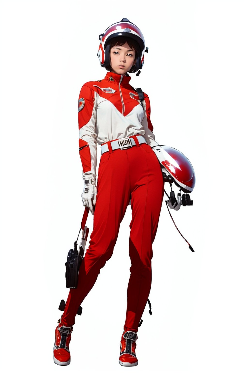 (masterpiece:1.3),  (the best quality:1.2),  (super fine illustrations:1.2),  (Masterpiece),  high quality,  high detail, ((white background:1.2)),  looking at viewer,  (SOLO:1.4), outline, , simple background,  , jacket,  belt,  ,  boots,  red pants,  white boots,  helmet, <lora:EMS-46541-EMS:0.800000>