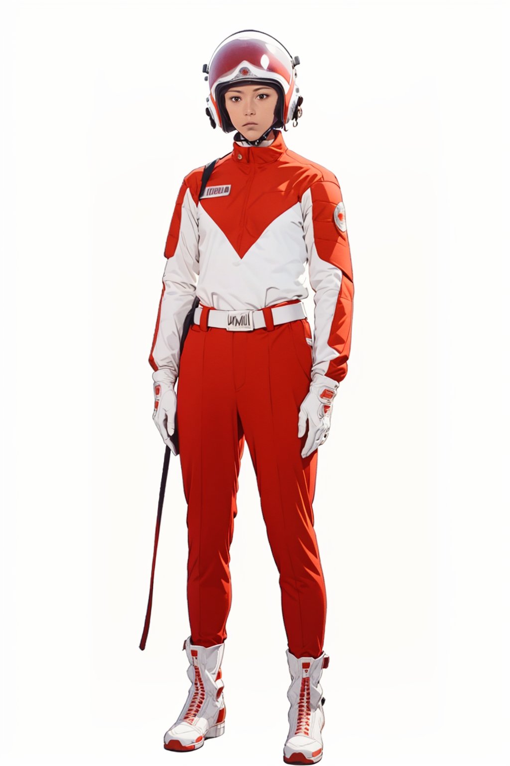 (masterpiece:1.3), (the best quality:1.2), (super fine illustrations:1.2), (Masterpiece), high quality, high detail,((white background:1.2)), looking at viewer, (SOLO:1.4),outline,,simple background, ,jacket, belt, , boots, red pants, white boots, helmet