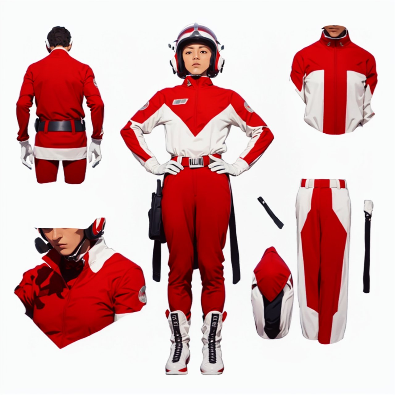 (masterpiece:1.3), (the best quality:1.2), (super fine illustrations:1.2), (Masterpiece), high quality, high detail,((white background:1.2)), looking at viewer, (SOLO:1.4),outline,,simple background, ,jacket, belt, , boots, red pants, white boots, helmet