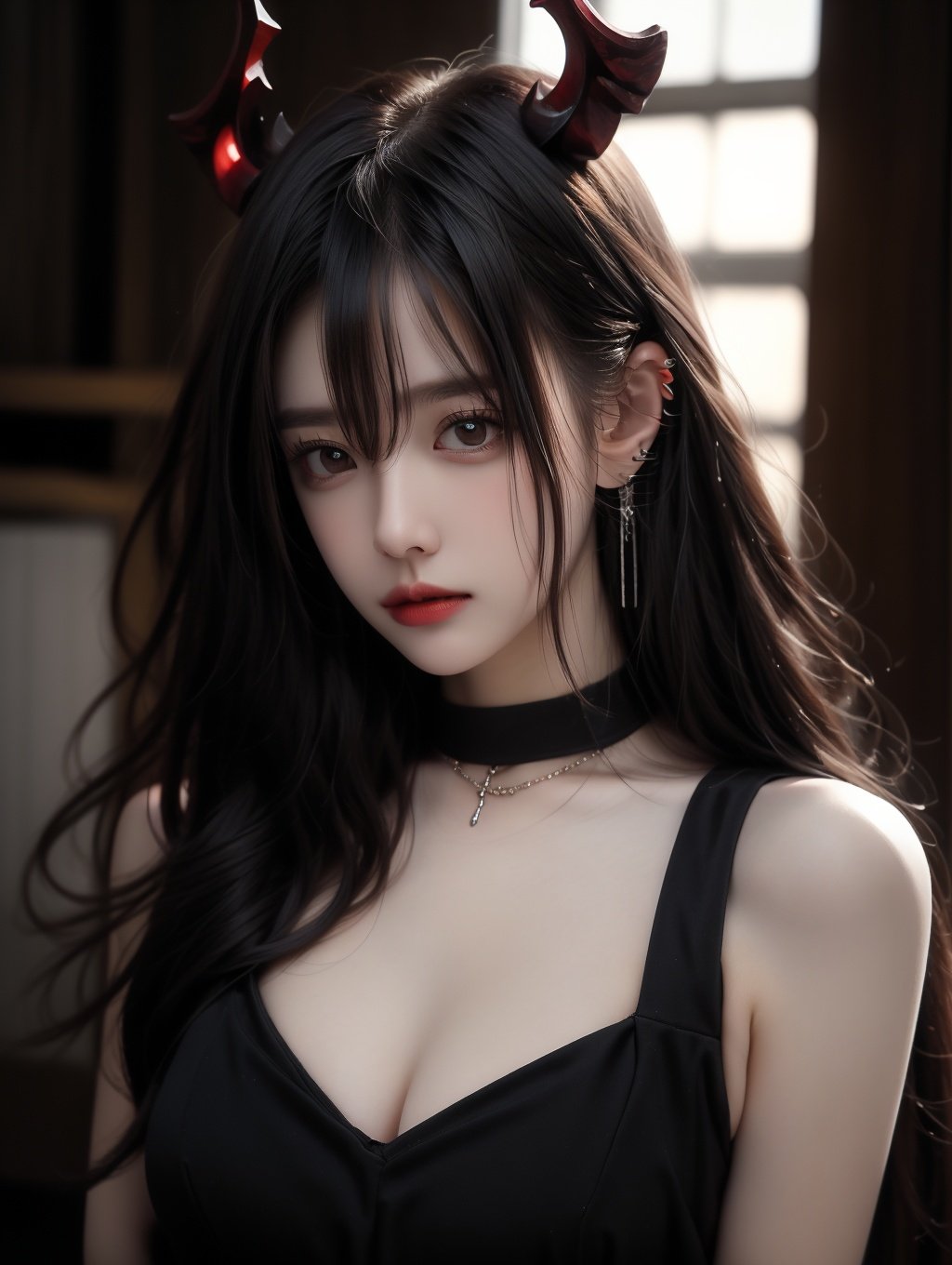 bj_Devil_angel, 1girl, solo, long_hair, breasts, looking_at_viewer, bangs, brown_hair, black_hair, red_eyes, dress, cleavage, hair_between_eyes, brown_eyes, jewelry, medium_breasts, closed_mouth, collarbone, upper_body, earrings, horns, sleeveless, choker, indoors, necklace, blurry, black_dress, lips, blurry_background, black_choker, piercing, demon_horns, ear_piercing, red_lips,cinematic lighting,side light,sunshine,strong contrast,high level of detail,Best quality,masterpiece,<lora:FDevil_angel_v3.6:0.7>,