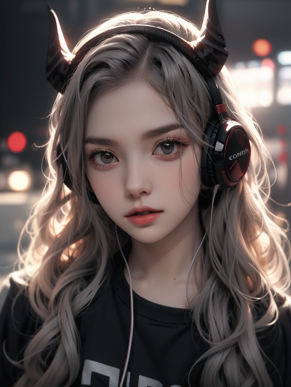 bj_Devil_angel, 1girl, solo, long_hair, looking_at_viewer, shirt, red_eyes, closed_mouth, upper_body, grey_hair, horns, blurry, lips, black_shirt, depth_of_field, blurry_background, headphones, wavy_hair, forehead, headset,cinematic lighting,side light,sunshine,strong contrast,high level of detail,Best quality,masterpiece,<lora:FDevil_angel_v3.6:0.7>,